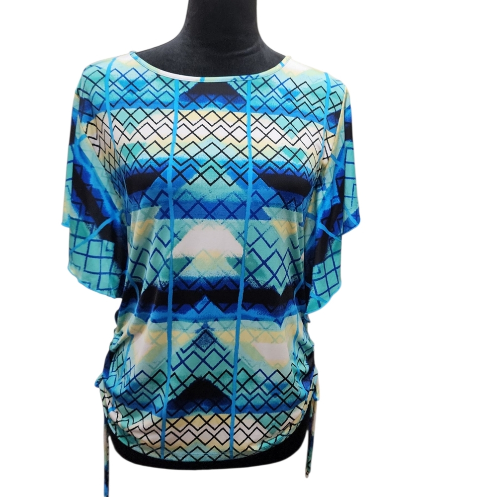 Style & Co. Geometric Blue Women's Top With short Flutter